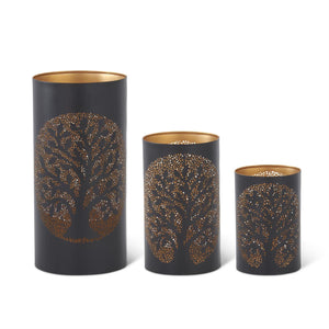 BLACK METAL TREE PUNCHED TIN CANDLEHOLDERS