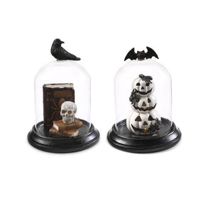LED HALLOWEEN GLASS CLOCHES W/BAT & CROW TOPS
