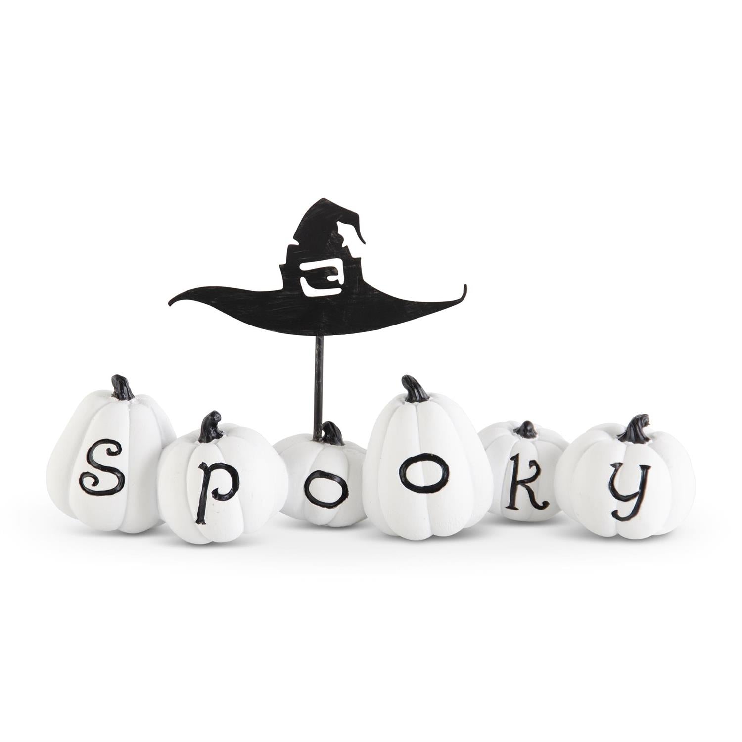 8 Inch White Resin SPOOKY Pumpkins w/Metal Witch Hat