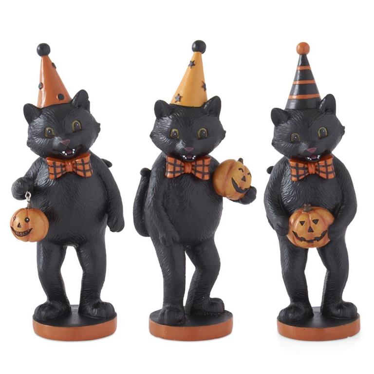 9.25 Inch Black Resin Cats w/Party Hat Bow Tie & Jack o La