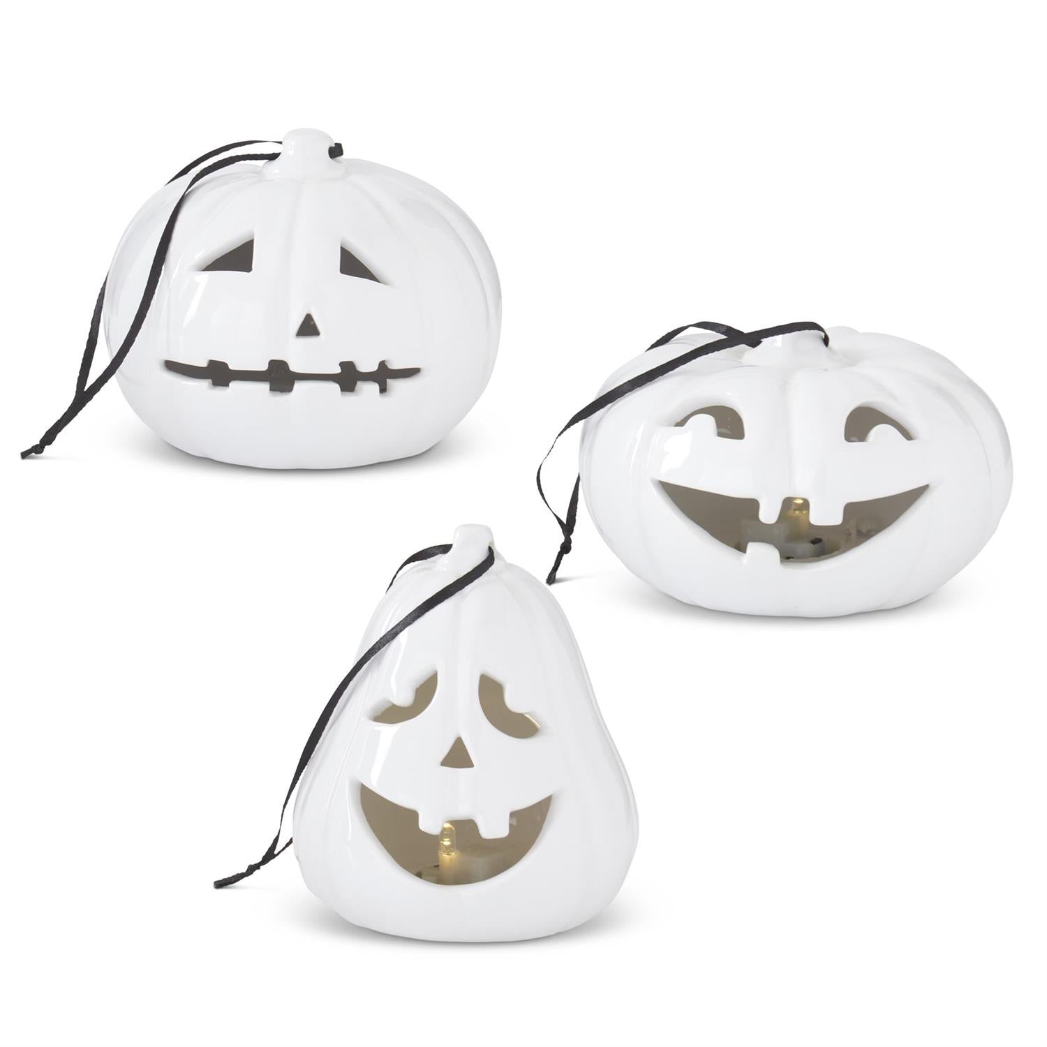 HANDMADE WHITE CERAMIC LED JACK O LANTERN ORNAMENT