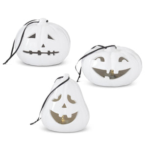 HANDMADE WHITE CERAMIC LED JACK O LANTERN ORNAMENT