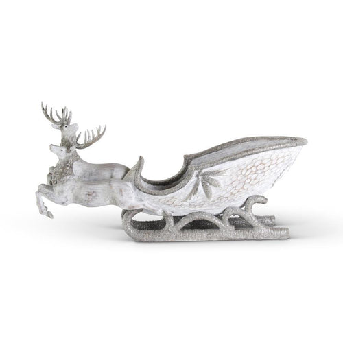25 INCH WHITE AND GRAY WASHED RESIN SLEIGH W/2 DEER