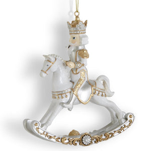 6.25 INCH WHITE GOLD & SILVER RESIN NUTCRACKER ON ROCKING HORSE ORN