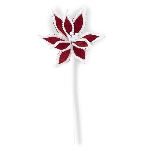 25 Inch Red Velvet Poinsettia w/White Pom Pom Trim
