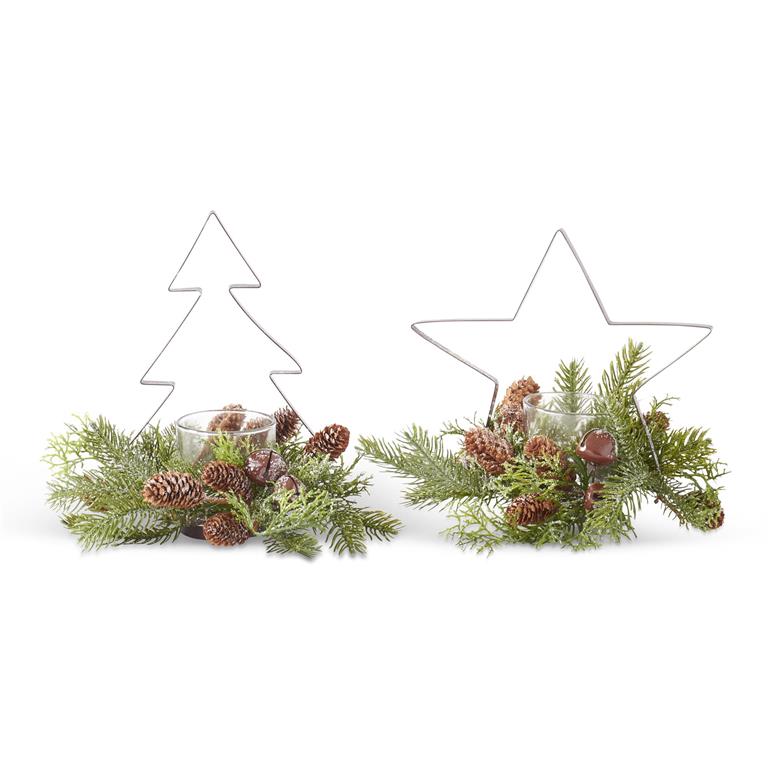 Assorted Glittered Brown Metal Cutout Votives w/Pine (2 Styles)