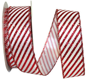 Ribbon - Candy Cane Glitter Diagonal Stripe Wired Edge, Red/white, 1-1/2 Inch, 20 Yards