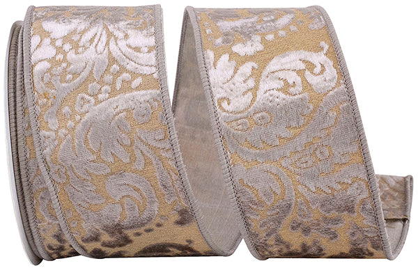 Ribbon - Melanie's Damask Dupioni Backed Wired Edge, Taupe, 2-1/2 Inch, 10 Yards