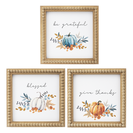 Pumpkin & Text Wall Decor with Wood Beaded Frame