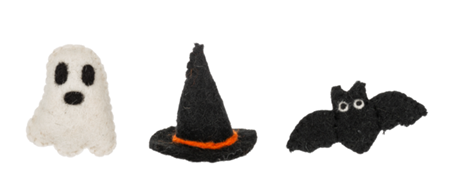 Handmade Felted Wool Mini Bat, Ghost & Witch Hat