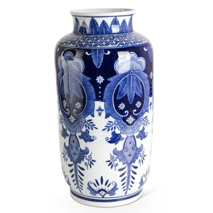 15.5 INCH CERAMIC ROYAL BLUE AND WHITE TALL VASE