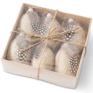 5.25 Inch Box of 6 Cream Felt Egg Ornaments w/Twine and Feathers