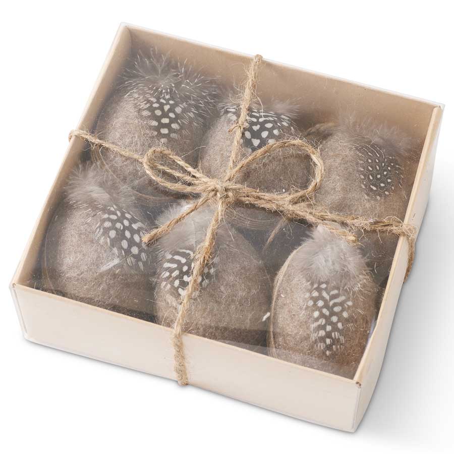 5.25 Inch Box of 6 Tan Felt Egg Ornaments w/Twine and Feathers