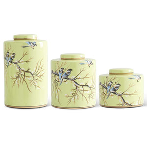 Set of 3 Pale Green Ceramic Lidded Ginger Jars w/Blue Birds