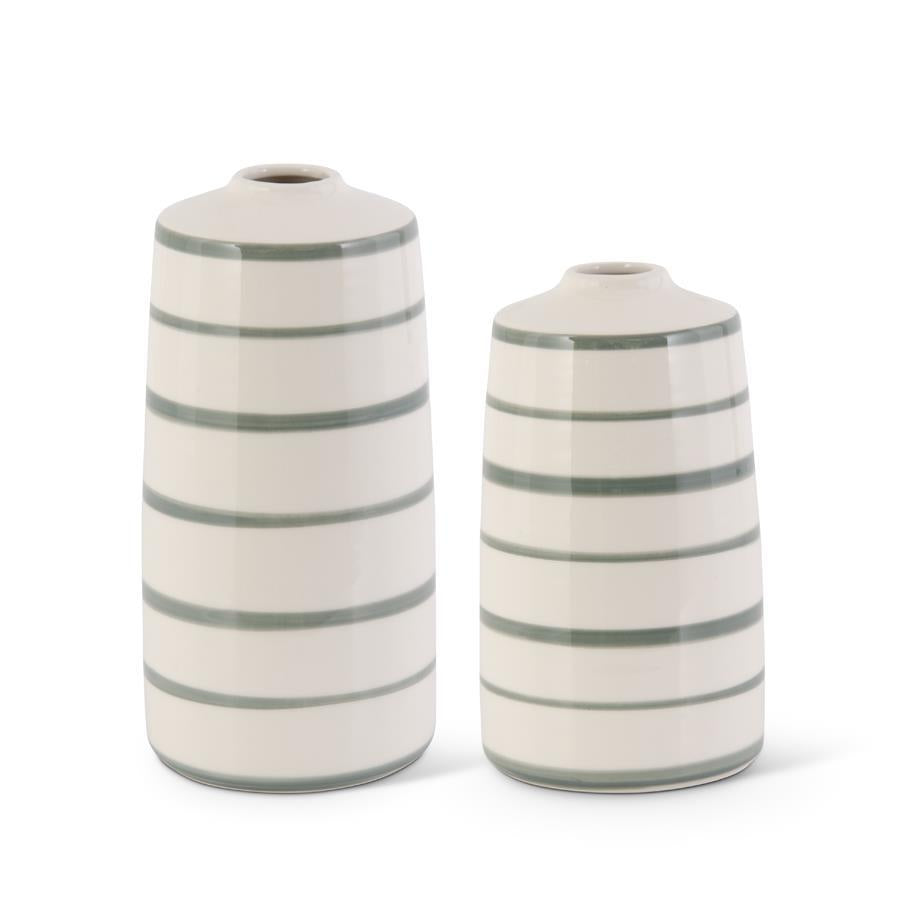 CERAMIC CREAM & SAGE GREEN STRIPED VASE