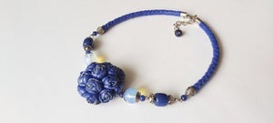 Handmade Leather Necklace with Blue Stone and Flowers 3
