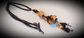 Handmade Leather Necklace with Black Stone and Flowers