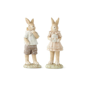 RESIN BOY AND GIRL BUNNIES W/EGG AND BACKPACK