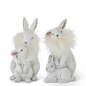 Assorted White Resin Rabbit & Bunnies w/Feather Col
