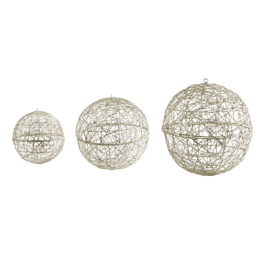 Set of 3 Small Champagne Glitter Hanging Wire Balls (Grad Sizes)
