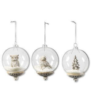 Assorted Small 4.5 Inch Round Glass Ornament w/Resin Base and Figure