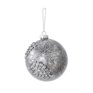 5 Inch Slate Gray Glass Round Ornament with Pinecones and Glitter