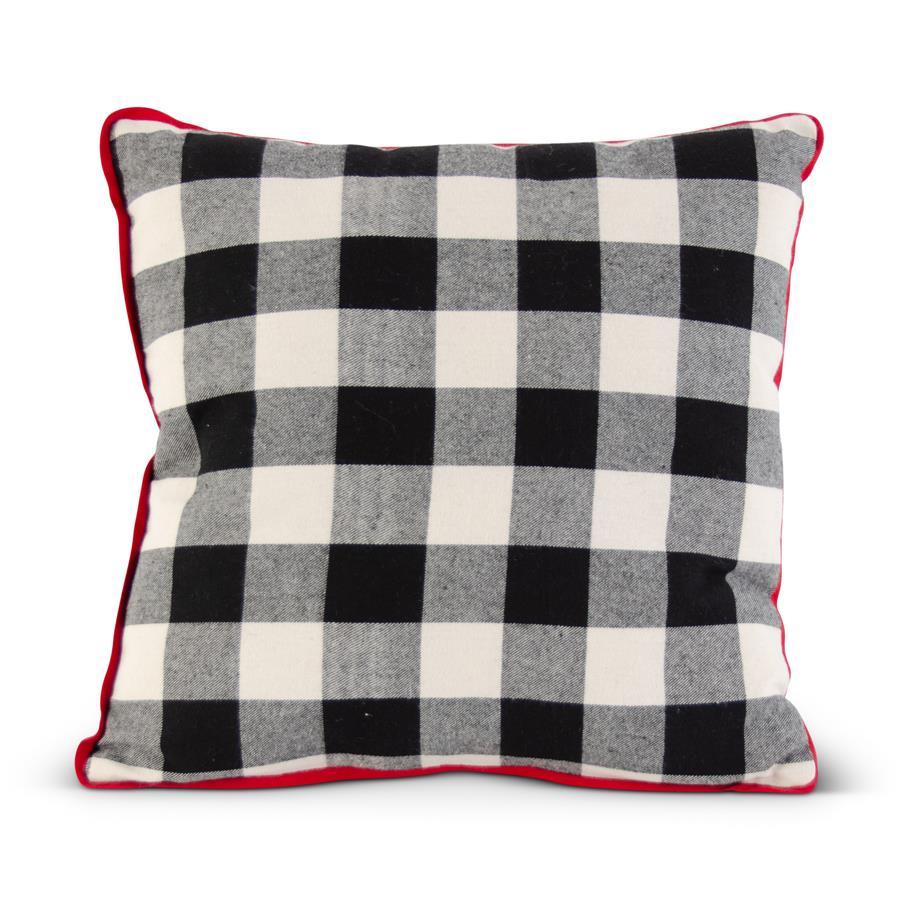 17 INCH BLACK & WHITE BUFFALO PLAID SQUARE PILLOW W/RED PIPING