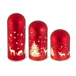 Set of 3 Matte Red LED Glass Domes W/Deer and Trees