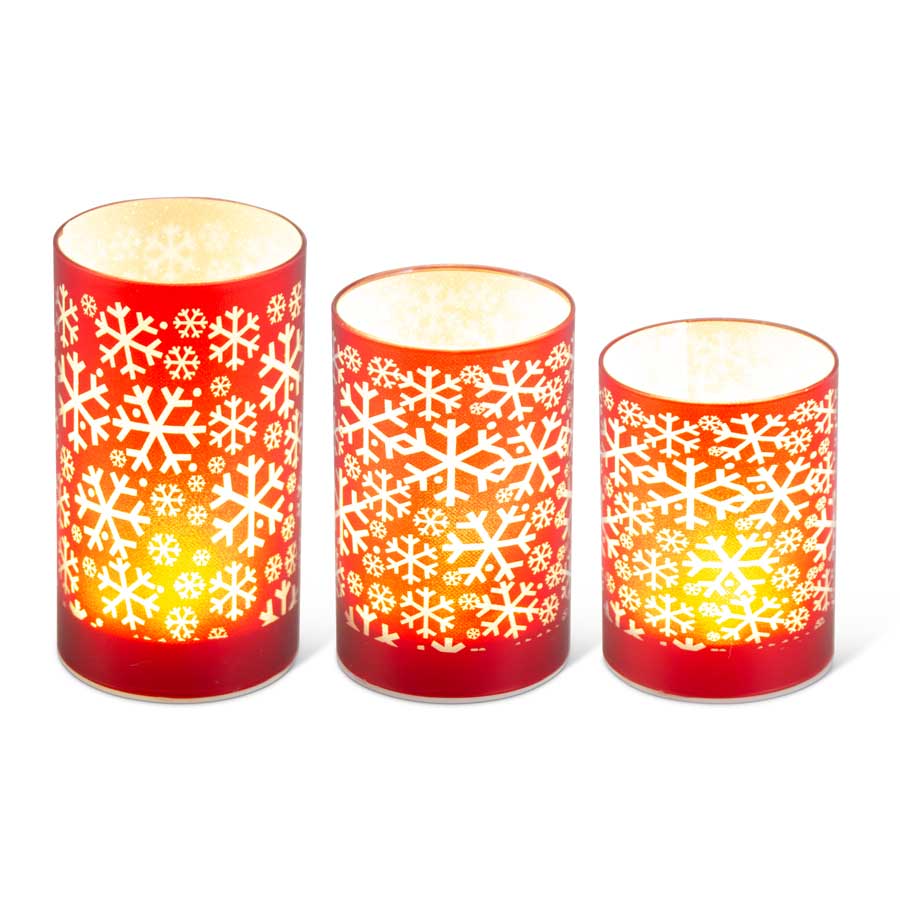 Matte Red LED Glass Candles w/Snowflakes (Grad Sizes)