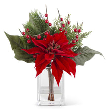 11 Inch Red/White Poinsettia & Pine Premade in Glass Vase