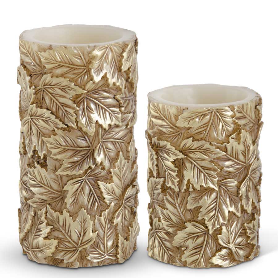 Set of 2 Gold Leaf Embossed Wax LED Flicker Flame Candle