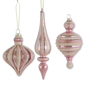 PINK MERCURY GLASS ORNAMENT W/CHAMPAGNE GLITTERED