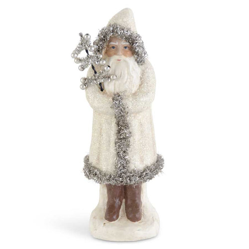 12 Inch Cream Glittered Santa Trimmed in Silver Tinsel