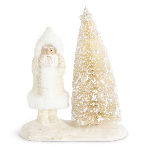 10 Inch Snowy Bottle Brush Tree w/Cream Glittered Fur Trim Santa