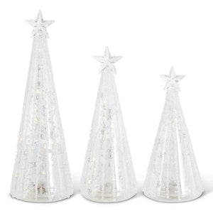 Set of 3 Clear Glass LED Trees Filled w/Silver Bead Garland Grad. Sizes