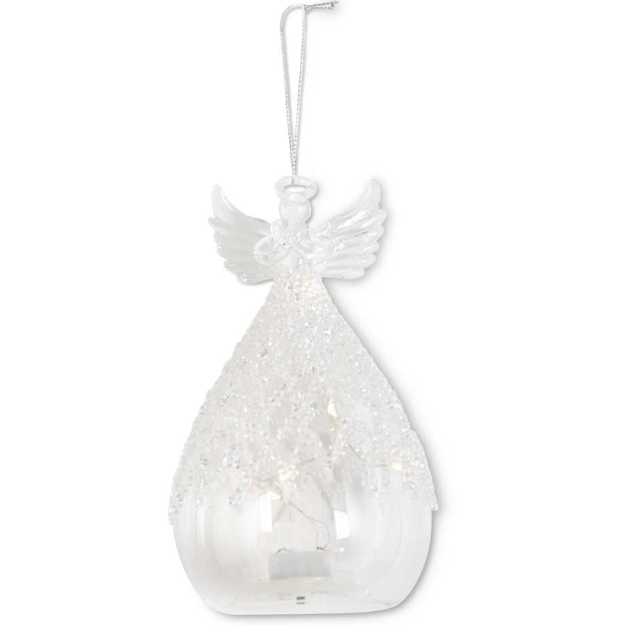 6.25 Inch Clear Glass LED Angel Ornament w/Lattice Glass Beads