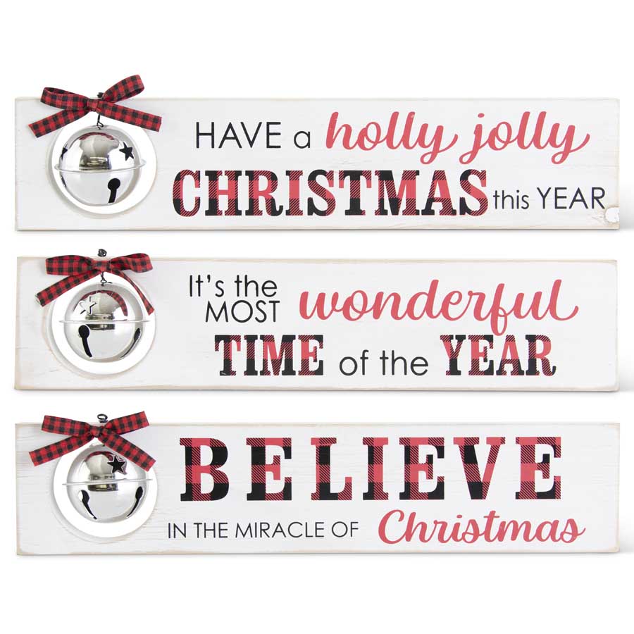 Assorted 15.5 Inch Christmas Signs w/Bell & Plaid Bow (3 Styles)