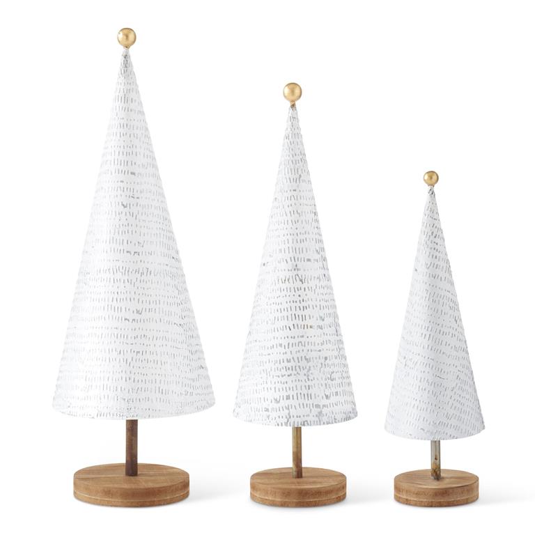 WHITE DISTRESSED METAL TREES ON WOOD BASE W/GOLD BALL TOPPE