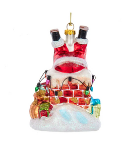 “Down the Chimney” Glass Santa Ornament
