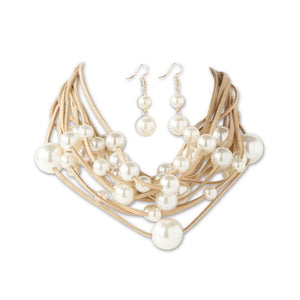 12 Strand Of Tan Suede and Pearls Necklace Set
