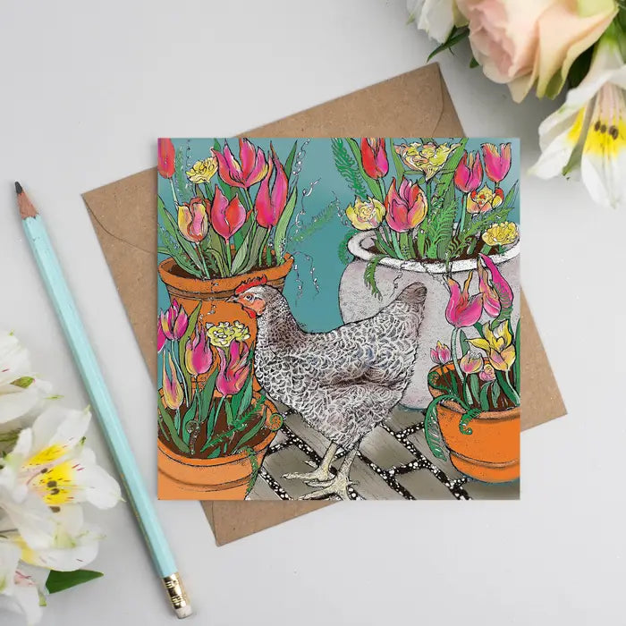 Chicken and Tulips Greeting Card
