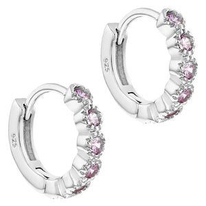 925 Sterling Silver Sparkly Pink CZ Huggie Small Hoop Earrings For Toddlers, Little Girls & Young Teens 11mm