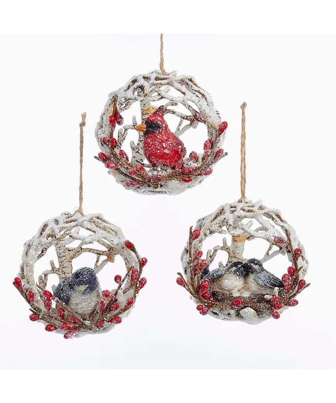 Cardinal and Chickadee in Birch Ball Ornament