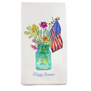 Wildflowers In Mason Jar with Flag and Quote Dish Towel