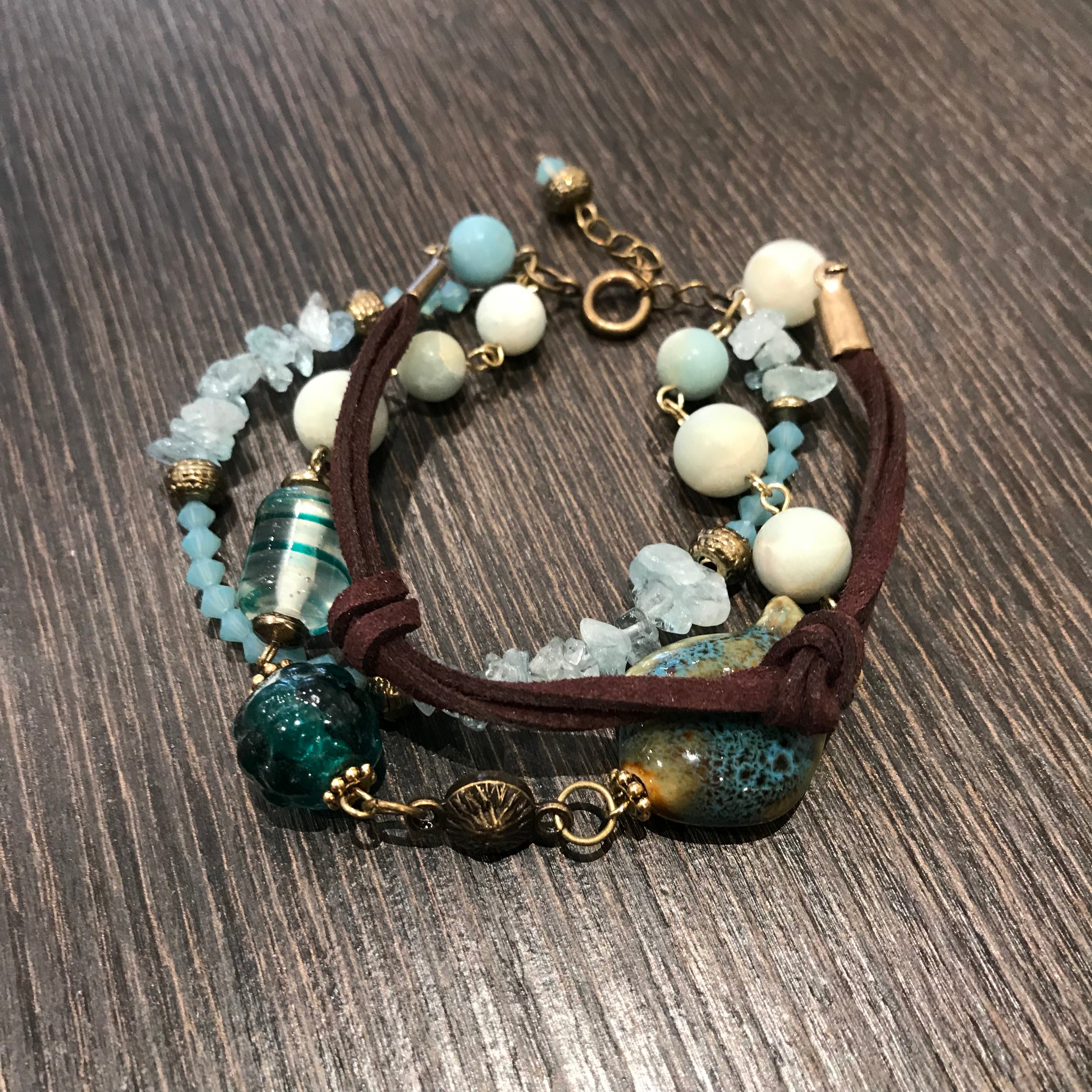 Hand made Bracelet with Turquoise/Leather/Ceramics/Swarovski crystals
