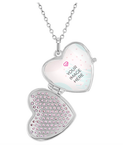 925 Sterling Silver 16" Personalized Tiny Pink Cubic Zirconia Heart Photo Locket Necklace for Girls