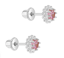925 Sterling Silver 6mm Pink CZ Flower Screw Back Earrings for Little Girls
