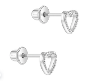 925 Sterling Silver Adorable Tiny Open Heart Safety Screw Back Earrings for Babies & Toddlers