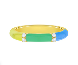 925 Sterling Silver Blue & Green Enamel Band Ring With Clear Cubic Zirconia Stones for Teenage Girls Sizes - 7