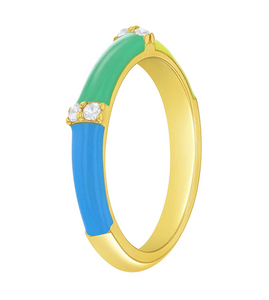 925 Sterling Silver Blue & Green Enamel Band Ring With Clear Cubic Zirconia Stones for Teenage Girls Sizes - 7